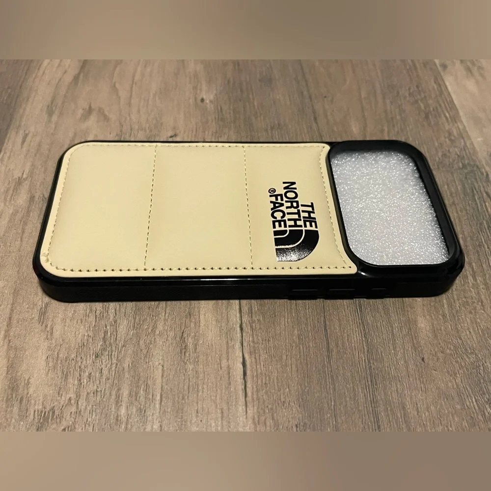 The North Face Beige Card Slot Leather Phone Case with Logo
